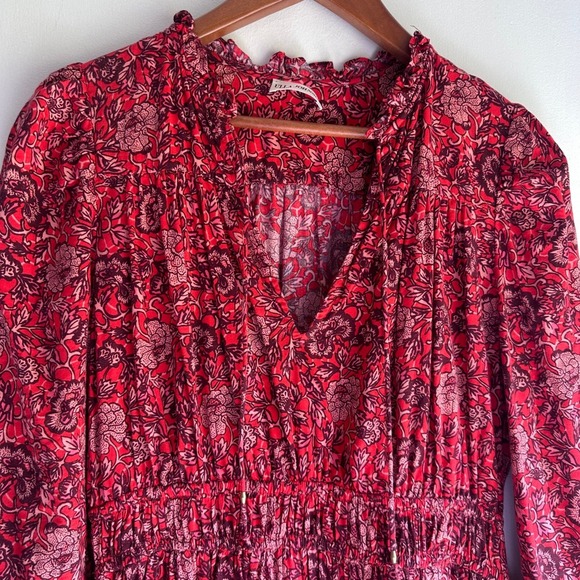 Ulla Johnson Red Floral Print Smocked Waist Tiered Ruffle Dress Size 2 - Picture 2 of 8